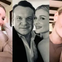 Dominik Tarczyński i jego pierwsza żona na zdjęciu. Kobieta uśmiecha się, opierając głowę na dłoni.
