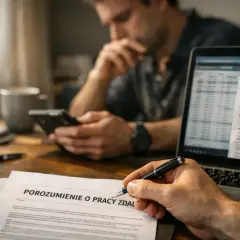 Dłoń podpisuje umowę o pracę zdalną, obok rachunek za energię i mężczyzna korzystający z telefonu.