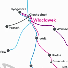 Mapa Polski z zaznaczonymi trasami kolejowymi. Włocławek jest centralnym punktem, od którego odchodzą linie do Bydgoszczy, Poznania, Łodzi, Warszawy i dalej. Sprawdź hopper ceny biletów na podróż!