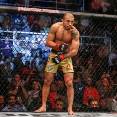 Jose Aldo, en ikonisk MMA-fighter, står i buren, redo att utöka sitt imponerande jose aldo record. Publiken jublar bakom nätet.
