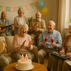 Des aînés joyeux célèbrent un anniversaire avec un quizz musical, guitare, maracas et un gâteau "80".