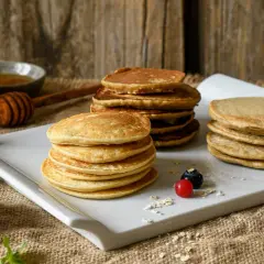 Montón de tortitas de avena doradas, servidas con bayas frescas, miel y menta.