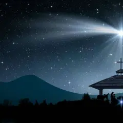 Sternenklare Nacht über der Krippe. Der helle Weihnachtsstern leuchtet und symbolisiert Hoffnung und Neuanfang. Maria, Josef und das Jesuskind sind im Stall zu sehen.