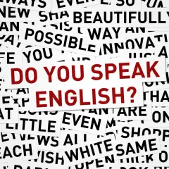Frammenti di parole in inglese con la "l", come "possible", "beautifully", "little", "light", "full", "shopping", "well", "beach", "wish", "white", "same", "thick", "look". Al centro, in rosso: "DO YOU SPEAK ENGLISH?".