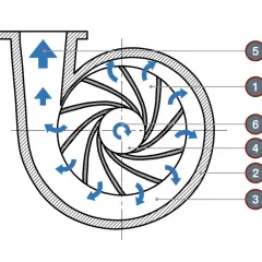 Schemat pompy odśrodkowej z oznaczeniami: 1- wirnik, 2- obudowa, 3- wlot, 4- wylot, 5- kierownica, 6- łopatki wirnika.