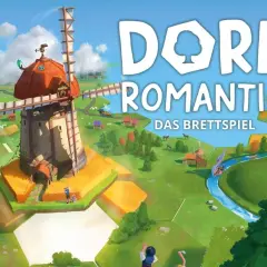 Das Brettspiel "Dorfromantik" lädt zum Bauen und Gestalten ein. Ein Windrad dominiert die idyllische Landschaft.