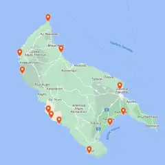Mapa Zakynthos Town z zaznaczonymi punktami. Widoczne nazwy miejscowości: Agios Nikolaos, Elatia, Anafonitria, Exo Chora, Kampi, Agios Leon, Alikanas, Katastari, Tragaki, Planos, Zakintos, Argasi, Kalaki, Lithakia, Ano Vasilikos, Vasilikos.