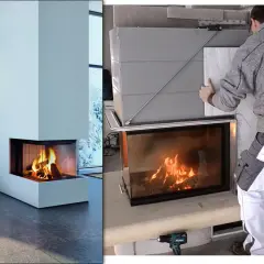 Handwerker montiert Schamottplatten an einem Kamin. Links ein fertiger Kamin mit Feuer.
