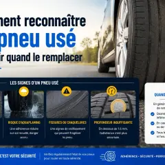 Les signes d'un pneu usé : bande de roulement lisse, risque d'aquaplaning, fissures, profondeur insuffisante. Un témoin d'usure pneu est essentiel pour la sécurité.