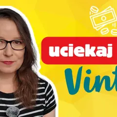 Kobieta w okularach na tle żółtym z napisem "uciekaj z Vinted". Czy to sposób na zarabianie na Vinted?