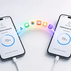 Jak przenieść kontakty z telefonu na telefon? Dwa telefony połączone kablem, jeden wysyła dane (72%), drugi odbiera. Kolorowa tęcza symbolizuje transfer danych.