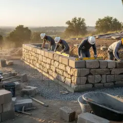 Operai costruiscono muri di contenimento in pietra, usando livelle per garantire la precisione. Il paesaggio collinare sullo sfondo suggerisce un progetto di paesaggistica.