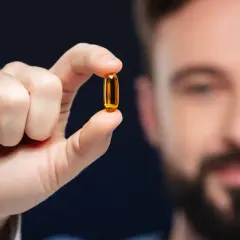 Mężczyzna trzyma kapsułkę omega-3. Lekarze potwierdzają jej pozytywny wpływ na zdrowie.