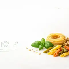 Różne rodzaje makaronu, bazylia i symbole zdrowego odżywiania. Czy makaron jest zdrowy? Zależy od wyboru!