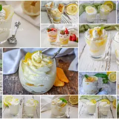 Collage di dessert al limone: coppette e bicchieri con soffice mousse al limone, guarniti con limone fresco, fragole e biscotti.