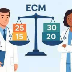 Bilancia ECM: come recuperare crediti triennio precedente. Due medici osservano i piatti con pesi diversi.