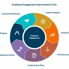 Employee engagement improvement cycle: collect feedback, analyze data, prioritize issues, create action plans, implement actions, measure progress, and communicate results.
