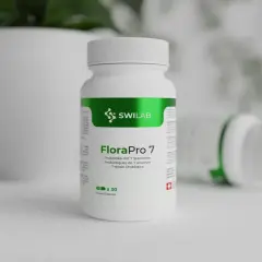 Flacone di FloraPro 7, uno dei migliori probiotici per sgonfiare pancia, con 30 capsule.