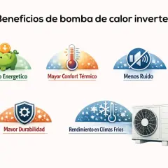 Beneficios de bomba de calor inverter: ahorro, confort térmico, menos ruido, durabilidad y rendimiento en climas fríos. El compresor de la bomba de calor es clave.