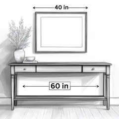 Illustration showing how high to hang art above a console table. The art is 40 inches wide, and the table is 60 inches wide.