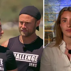 Sandra Cucarano och Jens från The Challenge Sverige. En kvinna i vit skjorta tittar rakt fram.