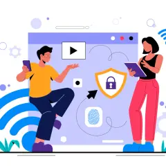 Dwie osoby dbają o **bezpieczny internet**, korzystając z urządzeń i symboli ochrony danych.