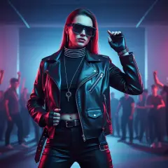 Kobieta w skórzanej kurtce i okularach, w tłumie na imprezie techno.