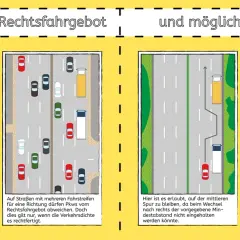 Grafiken zeigen Beispiele für das Rechtsfahrgebot und Ausnahmen. Ein Pkw fährt rechts, ein anderer wechselt die Spur.