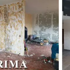 Ristrutturazione: prima, un cantiere con detriti e cartongesso da rimuovere; dopo, un ambiente moderno con nuovo pavimento e soffitto.