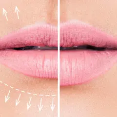 Antes y después de un tratamiento para realzar los labios finos. Flechas indican el aumento de volumen.