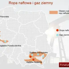 Mapa Polski z zaznaczonymi obszarami występowania ropy naftowej i gazu ziemnego. Widać zagłębia: Pomorskie, Przedsudeckie, Przedgórskie i Karpackie.