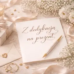 Elegancka dedykacja na prezent, obok ozdobnego pudełka, koperty z sercem i świecy.