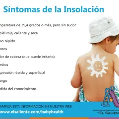 Niño con protector solar en forma de sol en la espalda, mostrando síntomas de insolación en niños: fiebre, piel roja, pulso rápido, mareos, vómitos, letargo.