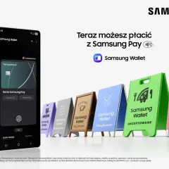 Telefon z aplikacją Samsung Wallet i kartą Samsung Pay. Wiele szyldów sklepów z napisem "Samsung Wallet Akceptowane".