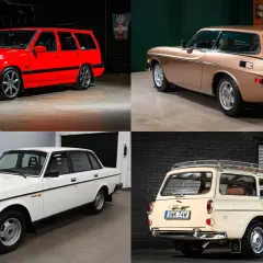 Fyra klassiska Volvo-modeller: en röd kombi, en brun coupé, en vit sedan och en beige kombi med takräcke. En samling av gammal Volvo i olika färger och utföranden.