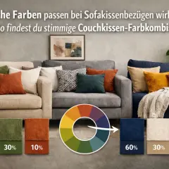 So sofa dekorieren kissen richtig kombinieren: drei Sofas mit verschiedenen Kissenfarben und eine Farbkreis-Anleitung.