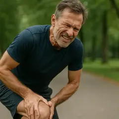 Mężczyzna w parku trzyma się za bolące kolano. Ból może być związany z sarkopenią, a leki mogą pomóc w łagodzeniu objawów.