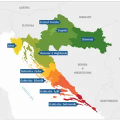 Mapa Chorwacji z zaznaczonymi regionami. Dalmacja rozciąga się wzdłuż wybrzeża Adriatyku, od Zadaru po Dubrownik.