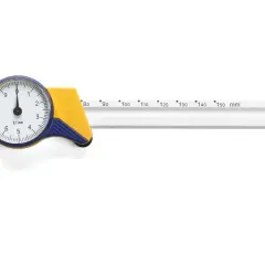 Pied à coulisse à cadran blanc et jaune, montrant les différents types de mesure de précision.