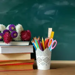 Kwiaty na stosie książek i przybory szkolne. Idealny zestaw na 14 maja święto.