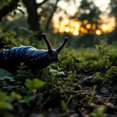 Une limace noire, aux antennes dressées, progresse dans l'herbe au coucher du soleil.