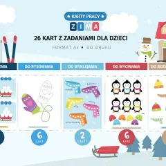 Zimowe karty pracy dla dzieci: liczenie, rysowanie, wyklejanie, wycinanie i rozwiązywanie zadań.