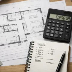 Projekt domu na papierze, kalkulator i notatnik z zapiskami "Koszty". Obliczanie, ile kosztuje projekt domu, to pierwszy krok do jego realizacji.