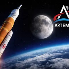 Rakieta Artemis wznosi się ku Księżycowi, symbolizując nową erę eksploracji kosmosu.