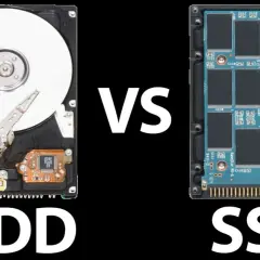 Vergleich von HDD und SSD, zwei Arten von netzwerkspeicher systemen. Die HDD zeigt eine rotierende Scheibe und einen Lese-/Schreibkopf, die SSD besteht aus vielen Speicherchips.