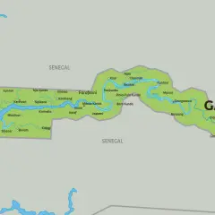 Mapa Gambii z zaznaczonymi miastami i rzeką. W regionie prowadzone są kampanie gambia szczepienia.
