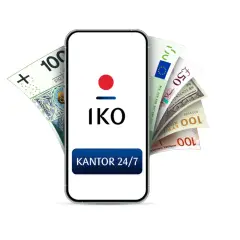 Smartfon z aplikacją IKO i kantorem 24/7, obok banknoty euro, dolary i złotówki. Dowiedz się, jak wpłacić euro na konto walutowe PKO.