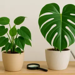 Zwei Zimmerpflanzen auf einem Regal: links ein Philodendron mit herzförmigen Blättern, rechts eine Monstera mit geschlitzten Blättern. Der Unterschied ist deutlich.
