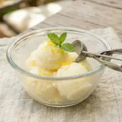 Un délicieux sorbet citron sans sorbetière, garni de menthe fraîche et de zestes de citron, servi dans un bol en verre.