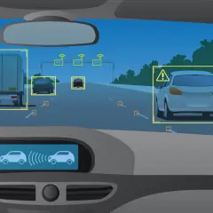 Vista dall'interno di un'auto con sistema ADAS attivo. Rileva camion, auto e segnali stradali, mostrando la sicurezza del futuro della guida.